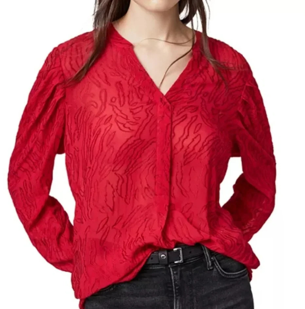 All Saints Rosi Ani Embroidered Top Size Medium Red V-Neck Puff Sleeves Romantic
